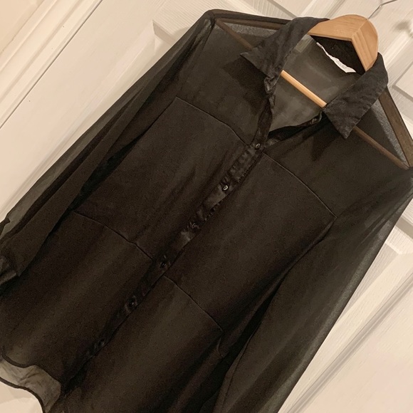 ZARA Sheer Satin Block Cutout Black Button Down Blouse - Picture 5 of 14